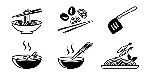 Asian Food Icons Collection with Noodles and Spatula