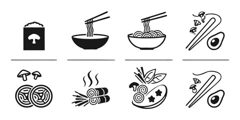 Asian Food Icons Collection with Noodles and Ingredients