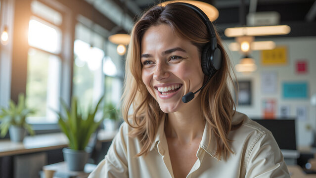Female Customer Service Representative – Smiling Woman with Headset in Modern Office Environment for Call Center Marketing, Helpdesk Services, and Professional Communication Imagery