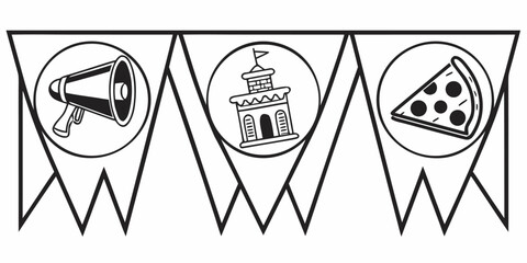 Black and White Banner with Megaphone, Castle, and Pizza Icons