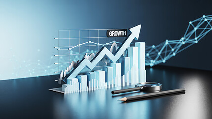 Dynamic digital rendering showcasing business success, market growth, and strategic financial planning with data analysis