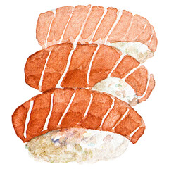 Watercolor painted sushi. Hand drawn fresh seafood design elemen