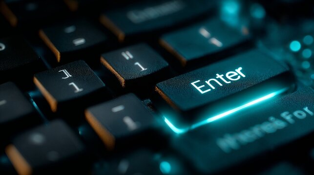 Closeup glowing enter key on computer keyboard - Powered by Adobe