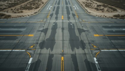 Aerial view of a deserted concrete intersection with worn road markings and desert surroundings