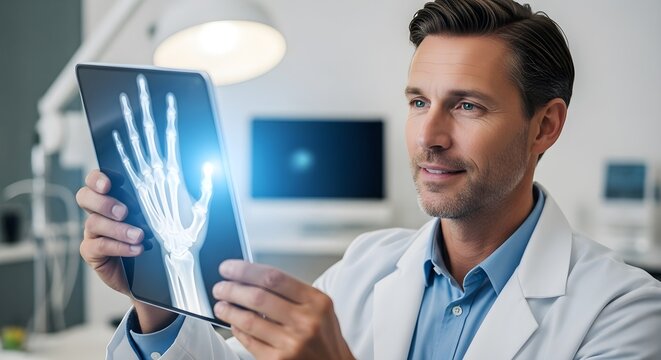 Smiling doctor examining hand x-ray on a tablet in a modern medical office.