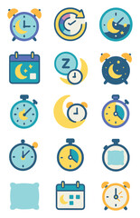 Sleep Tracking icons in modern flat vector style in minimalistic vibrant color design: bedtime clock, wake-up alarm, sleep cycle timer, relaxation