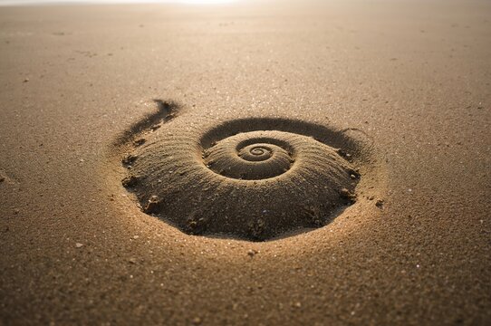 Seashell resting on sand with Fibonacci spiral pattern