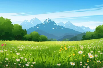 Fototapeta premium Flower fields and grassy meadows with a mountainous backdrop