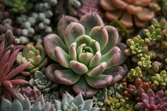 Detailed view of a vibrant succulent arrangement highlighting a tubular-leaved Crassula ovata 'Gollum' alongside diverse textured succulents
