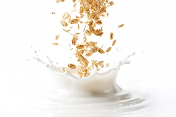 Milk splash with falling oat flakes isolated on a white backdrop