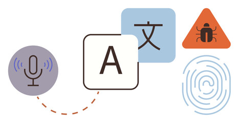 Microphone, letter A, foreign character, fingerprint, and warning triangle symbolizing technology, translation, cybersecurity, biometrics communication accessibility and risk. Ideal for tech AI