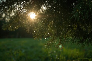 Obraz premium Evergreen tree with raindrops and sunlight, water, summer vibes, nature, springtime, grass, leaves, flowers, garden greenery