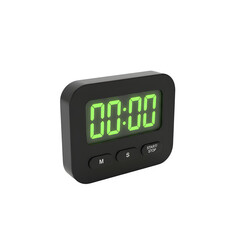 Black digital kitchen timer with bright green glowing numbers isolated on transparent background