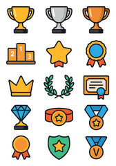 Award & Trophy Icons icons in modern flat vector style in minimalistic vibrant color design: gold trophy cup, silver trophy cup, bronze trophy cup,