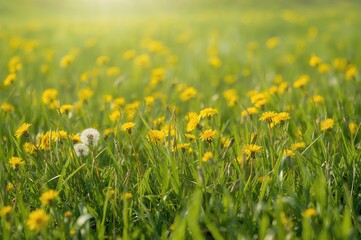 Obraz premium Yellow dandelion field with lush green grass under sunny skies