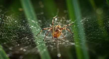 Spider on web with dew drops green leaves background