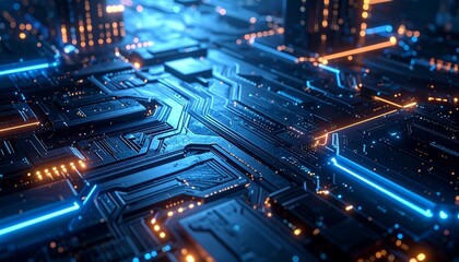 Futuristic glowing blue and orange circuit board close-up