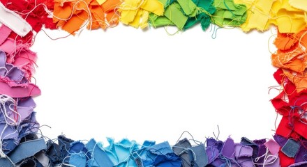 Scraps of rainbow fabric lining the edge creating a border or frame on a solid white background