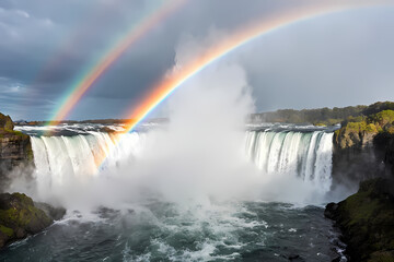 Fototapeta premium background with rainbow over misty waterfalls