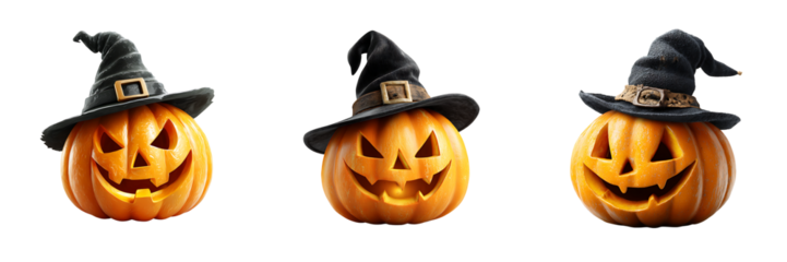 Set of Angry Jack-o'-lanterns Wearing Witch Hats Isolated on a Transparent Background.