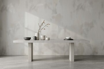 Concrete shelf table set against a neutral grey backdrop, designed for showcasing items