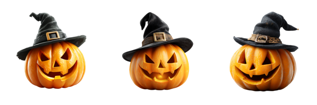 Set of Angry Jack-o'-lanterns Wearing Witch Hats Isolated on a Transparent Background. - Powered by Adobe