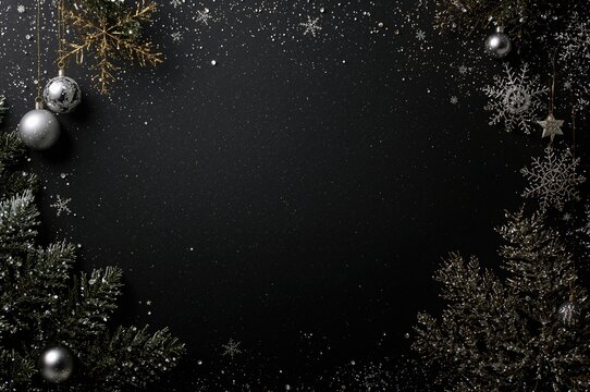 Invitation card mockup featuring silver baubles, glitter stars, and snowflakes on a dark backdrop. Festive holiday theme.