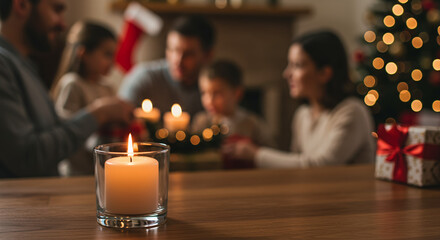 Family gathering around table with candles and Christmas decorations  