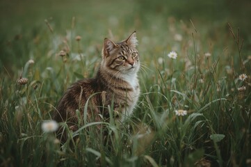 Feline resting in the meadow glancing behind