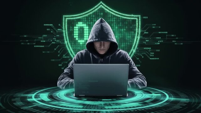 Hooded figure hacks laptop, digital shield glows, binary code streams, representing cybersecurity, data breach, digital threat, and technological vulnerability