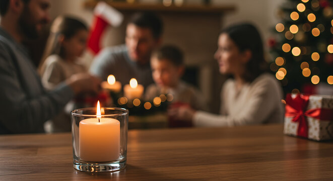Family gathering around table with candles and Christmas decorations   - Powered by Adobe