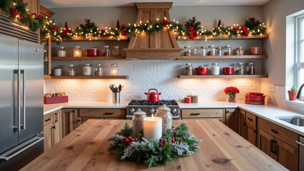 Fototapeta premium Cozy kitchen decorated for holidays features wooden shelves adorned with festive greenery and lights, creating warm atmosphere