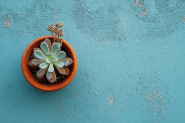 Succulent in terracotta pot on teal wall