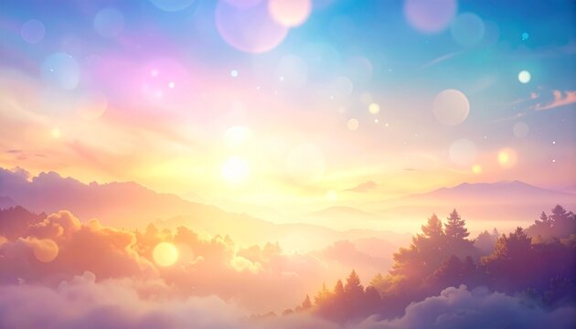 Soft pastel sky with glowing bokeh lights and gentle clouds during sunrise or sunset.