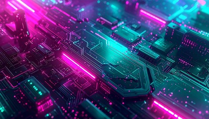 Fototapeta premium Futuristic circuit board with glowing neon pink, blue, and green digital lights.
