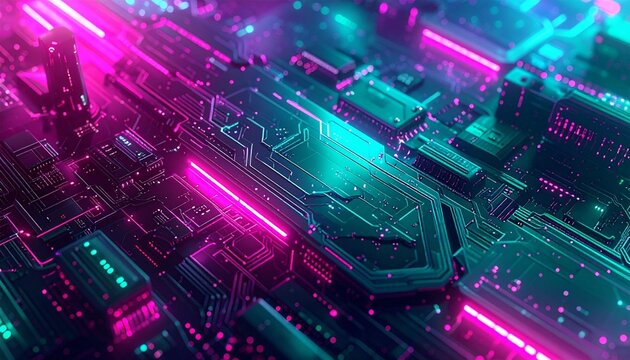 Futuristic circuit board with glowing neon pink, blue, and green digital lights.
