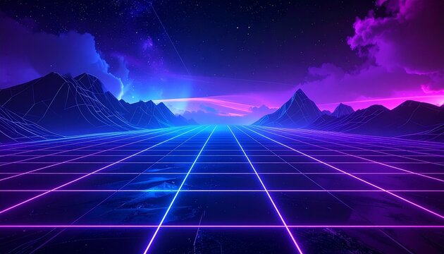 Retro-futuristic neon grid floor with glowing blue and pink lines under starry purple sky.