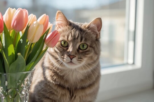 Feline exploring the scent of flowers by the window