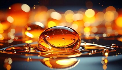 Obraz premium Golden water droplet macro with warm glowing bokeh reflections on reflective surface.