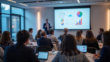 Engaging business presentation in modern conference room with speaker showcasing data visuals. Attendees focus on charts and graphs