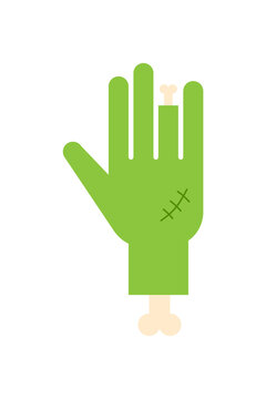 Green monster hand with stiches and bones sticking out. Creepy Halloween character, zombie, undead.  Perfect for festive designs, parties, posters for October, holiday decoration. High resolution PNG.