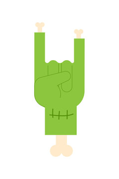 Green monster hand with bones PNG. Creepy Halloween party zombie hand making a rock-and-roll sign. Isolated graphic for music, party, decoration and spooky-themed designs. High resolution PNG