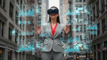 Businesswoman in VR headset analyzing data in city - Powered by Adobe