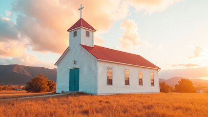 Fototapeta premium Serene church stands in golden field under colorful sky, evoking sense of peace and tranquility