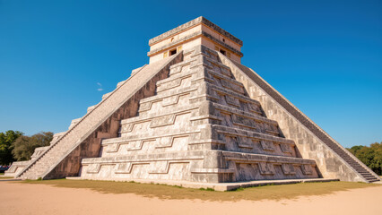 Fototapeta premium Ancient pyramid structure with intricate steps and clear blue sky, showcasing historical architecture and cultural significance