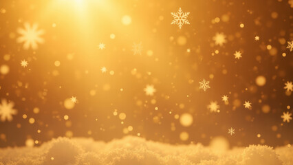 Golden snowfall creates magical winter atmosphere with shimmering flakes and soft light, evoking warmth and joy