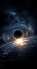 a black hole is shown in the center of space, with swirling stars and galaxies around it. the sun's light forms an eclipse as it passes through the event horizon
