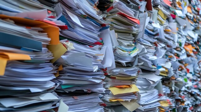 Stacks of paperwork and documents overflow in office