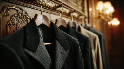 Vintage armani suit jacket hanging on wooden valet stand retro dressing room interior warm incandescent lighting luxury menswear atmosphere