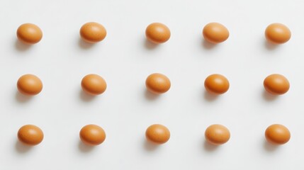 Brown eggs neatly arranged on a white surface, showcasing simplicity and natural food.
